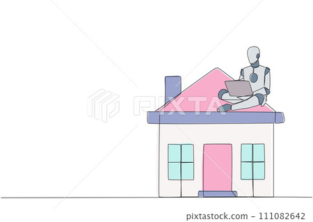 Single continuous line drawing robotic artificial intelligence sitting on miniature house typing laptop. Marketing division robot. Selling houses via internet and social media. One line design vector 111082642