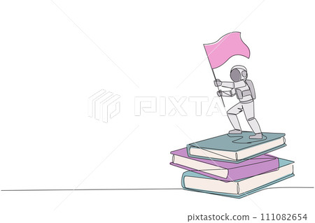 Continuous one line drawing young astronaut standing on stack of giant books holding fluttering flag. Collect scientific journals as a guide during space expeditions. Single line draw design vector 111082654