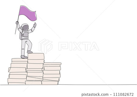 Single continuous line drawing young energetic astronaut standing on giant pile of papers holding fluttering flag. A successful journey retold on paper. Cosmonaut. One line design vector illustration 111082672