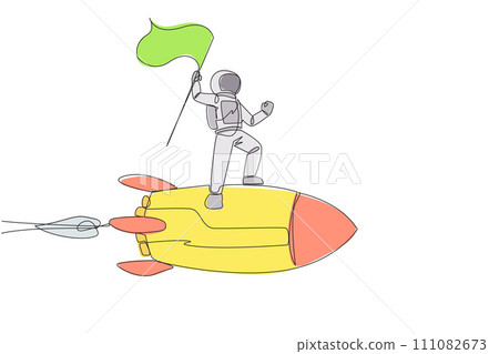 Single one line drawing young energetic astronaut standing on flying rocket through the sky holding fluttering flag. Space travel to the moon. Cosmonaut. Continuous line design graphic illustration 111082673