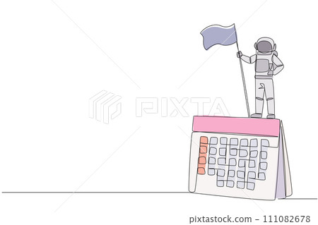 Single one line drawing young energetic astronaut standing on big desk calendar holding fluttering flag. Planning his next expedition into space. Cosmonaut. Continuous line design graphic illustration 111082678