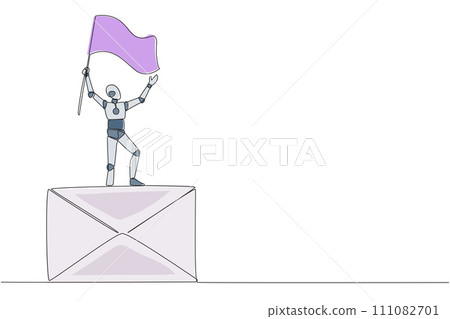Single one line drawing of robotic artificial intelligence standing on giant email icon holding fluttering flag. Concept robots reply to emails. Chatbots. Continuous line design graphic illustration Single one line drawing of robotic artificial intelligence standing on giant email icon holding fluttering flag. Concept robots reply to emails. Chatbots. Continuous line design graphic illustration 111082701