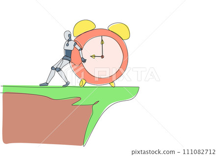 Single continuous line drawing robot pushes giant alarm clock down the edge of the cliff. Robotic artificial intelligence. Future technology development concept. One line design vector illustration 111082712