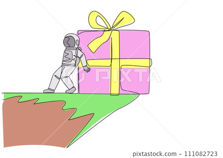 Continuous one line drawing astronaut pushed giant gift box down with his back from the edge of the cliff. Cosmic galaxy space concept. Spaceman. Cosmonaut. Single line draw design vector illustration 111082723