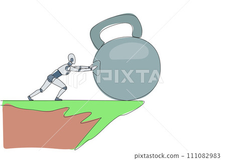 Single one line drawing robot pushes the large kettlebell down from the edge of the cliff. Exercise increases power. Future technology development concept. Continuous line design graphic illustration 111082983