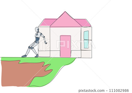 Continuous one line drawing robot pushes miniature house down with its back from the edge of the cliff. Robot training house. Future technology development. Single line draw design vector illustration Continuous one line drawing robot pushes miniature house down with its back from the edge of the cliff. Robot training house. Future technology development. Single line draw design vector illustration 111082986