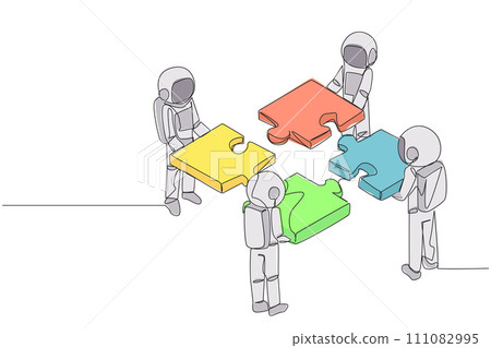 Single continuous line drawing four young energetic astronaut standing with each holding puzzle pieces. Teamwork to put together the puzzle into one shape. Cosmic. One line design vector illustration Single continuous line drawing four young energetic astronaut standing with each holding puzzle pieces. Teamwork to put together the puzzle into one shape. Cosmic. One line design vector illustration 111082995