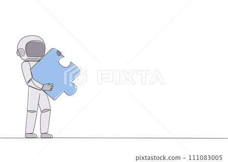 Continuous one line drawing young energetic astronaut walking holding a piece of puzzle on chest. Teamwork led him to pick up pieces of the moon's surface. Single line draw design vector illustration 111083005