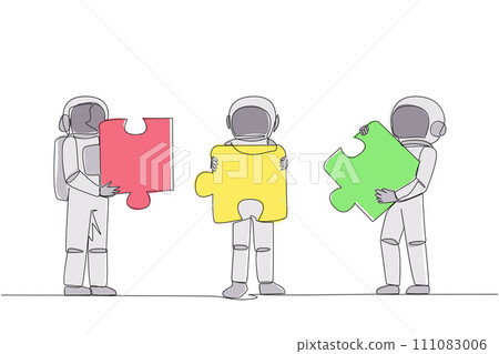 Single one line drawing three astronauts each carrying three puzzle pieces. Teamwork of astronauts putting the puzzle together. Cosmic galaxy deep space. Continuous line design graphic illustration Single one line drawing three astronauts each carrying three puzzle pieces. Teamwork of astronauts putting the puzzle together. Cosmic galaxy deep space. Continuous line design graphic illustration 111083006