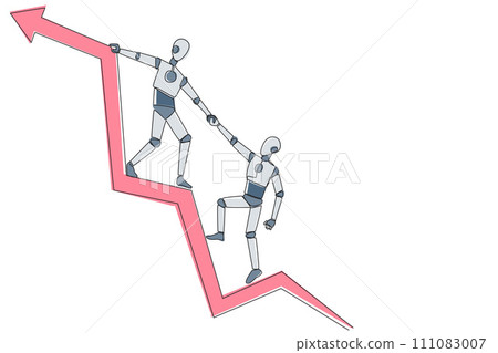 Continuous one line drawing robot pulls the arm of another robot that fell from graphic arrow. Team work to strengthen each other. Artificial intelligence. Single line draw design vector illustration Continuous one line drawing robot pulls the arm of another robot that fell from graphic arrow. Team work to strengthen each other. Artificial intelligence. Single line draw design vector illustration 111083007
