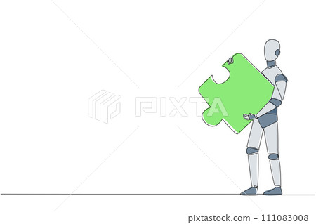 Single one line drawing of walking robot carries puzzle pieces. Strong teamwork concept. Robotic artificial intelligence. Future technology development concept. Continuous line graphic illustration Single one line drawing of walking robot carries puzzle pieces. Strong teamwork concept. Robotic artificial intelligence. Future technology development concept. Continuous line graphic illustration 111083008