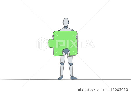 Single continuous line drawing robotic artificial intelligence brought puzzle piece and placed it in front of chest. Teamwork brings one piece each. Future tech. One line design vector illustration 111083010