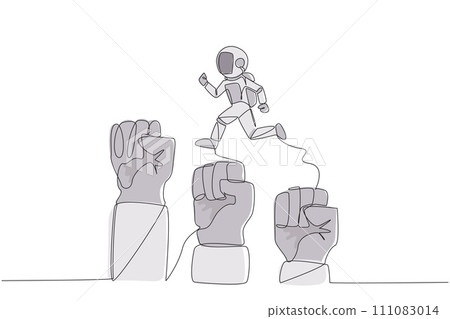 Single one line drawing astronaut running leaping over three large clenched fists. Teamwork managed to get through the bigger challenges. Cosmonaut. Cosmic. Continuous line design graphic illustration Single one line drawing astronaut running leaping over three large clenched fists. Teamwork managed to get through the bigger challenges. Cosmonaut. Cosmic. Continuous line design graphic illustration 111083014
