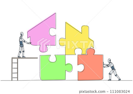 Single continuous line drawing two robots put together a square puzzle in the shape of a house. Teamwork and ladders make putting together puzzles even easier. One line design vector illustration 111083024