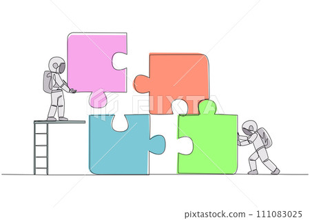 Continuous one line drawing two astronauts teamwork to put together a square puzzle, one of them climbs ladder holding up a piece of the puzzle. Cosmic. Single line draw design vector illustration 111083025