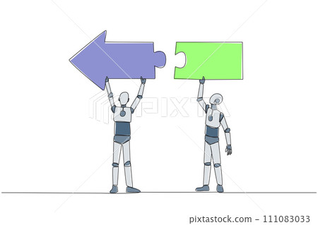 Single continuous line drawing two robots working together carrying a directional arrow puzzle. Metaphors equate ideas. Robots doing teamwork. Future technology. One line design vector illustration Single continuous line drawing two robots working together carrying a directional arrow puzzle. Metaphors equate ideas. Robots doing teamwork. Future technology. One line design vector illustration 111083033