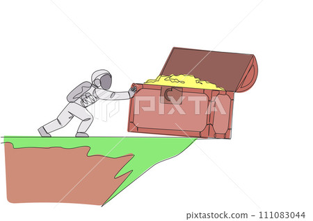 Single one line drawing astronaut pushes giant open treasure chest over the edge of cliff. Tough man in outer space. Cosmic galaxy space concept. Spaceman. Continuous line design graphic illustration 111083044