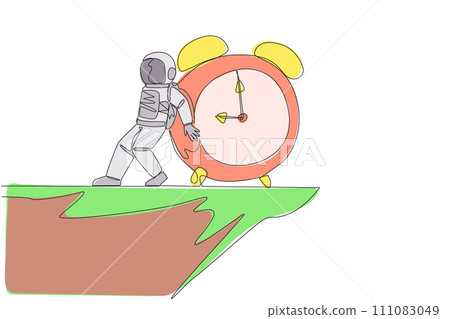 Single continuous line drawing astronaut pushed a giant alarm clock down with his back from the edge of the cliff. Tough man in outer space. Cosmonaut deep space. One line design vector illustration 111083049