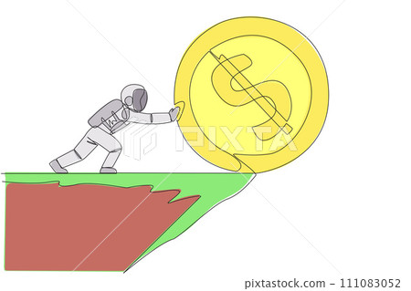 Continuous one line drawing astronaut push giant coin symbol dollar over the edge of the cliff. Space man cosmic galaxy concept. Cosmonaut outer space. Single line draw design vector illustration 111083052