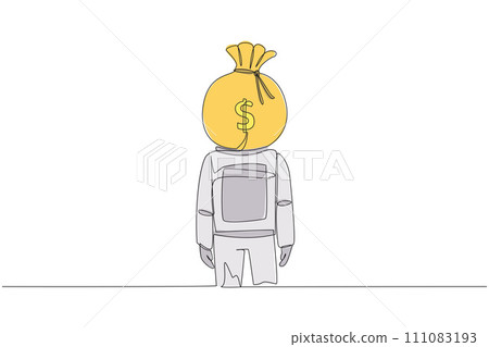 Single one line drawing young astronaut with money bag instead of head, stand facing forward. Thinking about the advantages of joining the space industry. Continuous line design graphic illustration 111083193