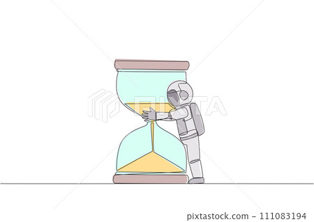 Single continuous line drawing young astronaut hugging giant hourglass. The concept of waiting for the time to return to earth. The expedition finished smoothly. One line design vector illustration Single continuous line drawing young astronaut hugging giant hourglass. The concept of waiting for the time to return to earth. The expedition finished smoothly. One line design vector illustration 111083194