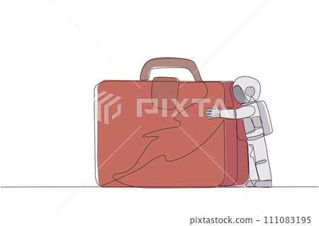 Single one line drawing young energetic astronaut hugging giant briefcase. Hugging a favorite bag that accompanied the expedition on the moon surface. Continuous line design graphic illustration Single one line drawing young energetic astronaut hugging giant briefcase. Hugging a favorite bag that accompanied the expedition on the moon surface. Continuous line design graphic illustration 111083195