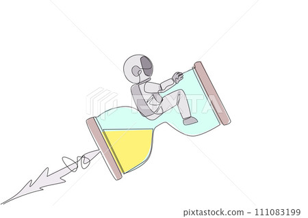Single continuous line drawing young energetic astronaut rides on the rocket-like hourglass. When the countdown is over, the flight into space begins. Cosmonaut. One line design vector illustration Single continuous line drawing young energetic astronaut rides on the rocket-like hourglass. When the countdown is over, the flight into space begins. Cosmonaut. One line design vector illustration 111083199