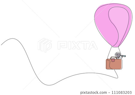Single one line drawing young energetic astronaut using monocular, flying with hot air balloon with a passenger box has shape briefcase. Cosmic deep space. Continuous line design graphic illustration 111083203