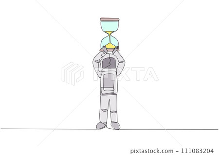 Single continuous line drawing young energetic astronaut lift up big hourglass above head. A tool used to countdown departures into outer space. Cosmic deep space. One line design vector illustration Single continuous line drawing young energetic astronaut lift up big hourglass above head. A tool used to countdown departures into outer space. Cosmic deep space. One line design vector illustration 111083204