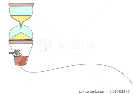 Continuous one line drawing young energetic astronaut using monocular, flying with hot air balloon hourglass. Highlight to the spaceship. Cosmic deep space. Single line draw design vector illustration 111083205