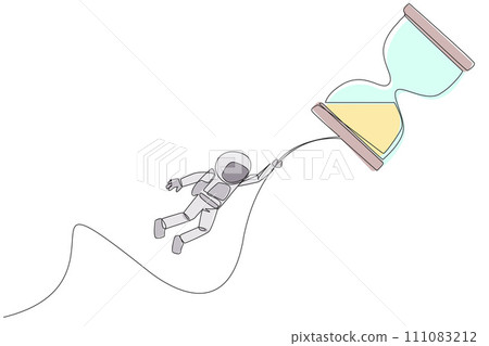 Single continuous line drawing astronaut holding on to flying hourglass. Natural fly. Fly free. Anti gravity. Cosmic galaxy deep space. Cosmonaut and spaceflight. One line design vector illustration 111083212