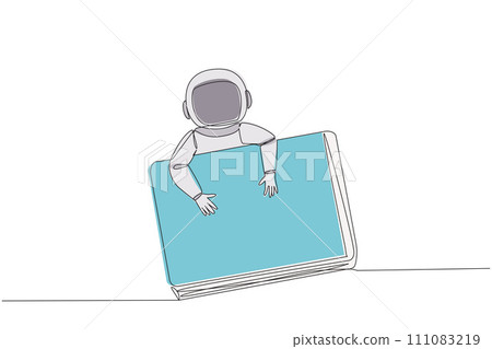 Continuous one line drawing young astronaut hugging laptop. Prepare to transmit data needed by team on earth. Processing of water discovery data on moon. Single line draw design vector illustration 111083219
