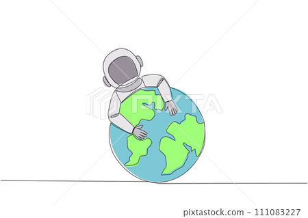 Continuous one line drawing young energetic astronaut hugging globe. Homesick metaphor. Space man cosmic galaxy concept. Cosmonaut outer space. Galactic. Single line draw design vector illustration 111083227