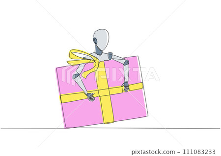 Continuous one line drawing robot hugging gift box. Gift delivery robots to homes. Artificial intelligence. Machine learning process. Future technology. Single line draw design vector illustration 111083233