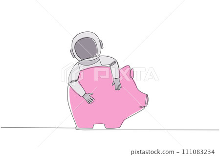 Single continuous line drawing young energetic astronaut hugging piggy bank. Saving money for the next expedition trip which is predicted to be longer. Cosmonaut. One line design vector illustration 111083234