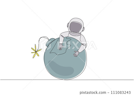 Single one line drawing young energetic astronaut hugging large bomb with a burning fuse. Trying to defuse the bomb. Avoid the space expedition from danger. Continuous line design graphic illustration 111083243