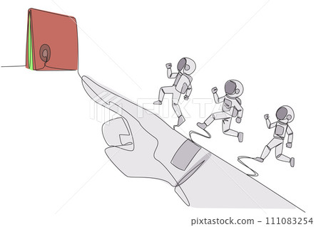Continuous one line drawing 3 astronauts running on giant astronaut hand whose finger is pointing at round target board. Focused teamwork towards up arrow. Single line draw design vector illustration Continuous one line drawing 3 astronauts running on giant astronaut hand whose finger is pointing at round target board. Focused teamwork towards up arrow. Single line draw design vector illustration 111083254