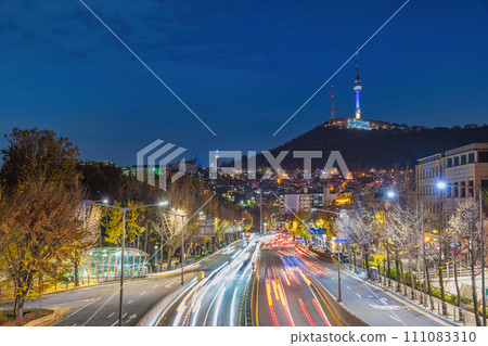 Seoul South Korea, night city skyline at Itaewon view from Noksapyeong Bridge in autumn 111083310