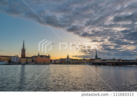 Stockholm Sweden, sunrise city skyline at Gamla Stan old town 111083313
