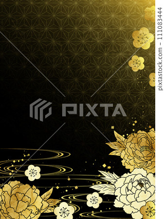 日式，背景，牡丹，花卉，麻葉圖案，垂直，黑色 111083444