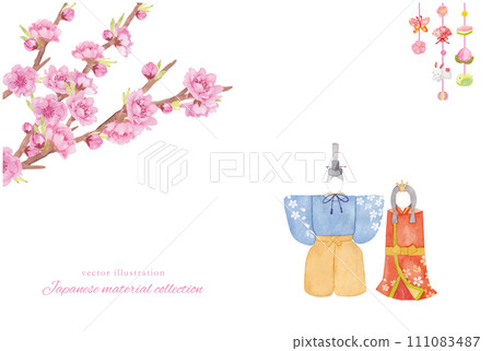 Hina dolls and peach flowers painted in watercolor 111083487
