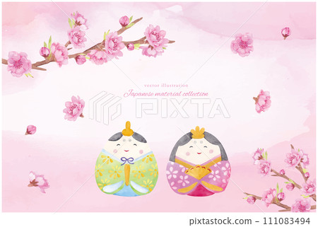 Watercolor hand-drawn gorgeous peach flowers and Hinamatsuri material set Watercolor hand-drawn gorgeous peach flowers and Hinamatsuri material set 111083494