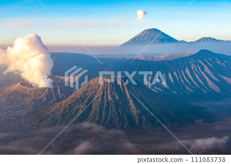 Spectacular view of Mount Bromo an active volcano part of the Tengger massif, in East Java, Indonesia. 111083738