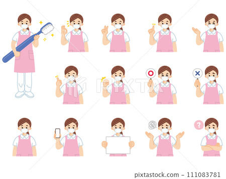 Dental hygienist woman holding a toothbrush - illustration material set of facial expressions and gestures 111083781