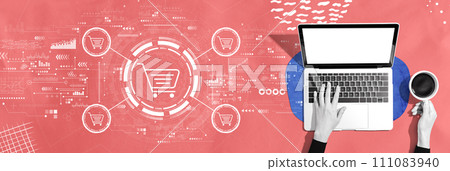 Online shopping theme with person using a laptop Online shopping theme with person using a laptop 111083940