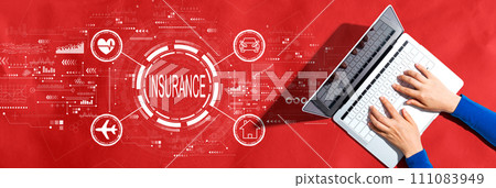 Insurance concept with person using a laptop Insurance concept with person using a laptop 111083949