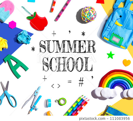 Summer School theme with school supplies - flat lay 111083956