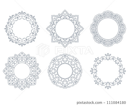 Set of decorative frames Elegant vector element for design in Eastern style, place for text. Floral gray and white borders. Lace illustration for invitations and greeting cards 111084180