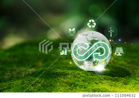 Earth with circular economy icon. Business and environment sustainable of concept of eternity, endless, circular economy. 111084632