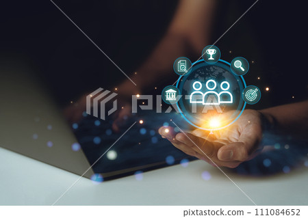 Businessman hold circle of network structure HR - Human resources..Business leadership concept. Management and recruitment. Social network. Different people. Customer Relationship Management. 111084652